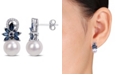 Macy's Freshwater Cultured Pearl (9-9.5mm), Sapphire (1 5/8 ct. t.w.) and Diamond (1/8 ct. t.w.) Floral Earrings in 14k White Gold